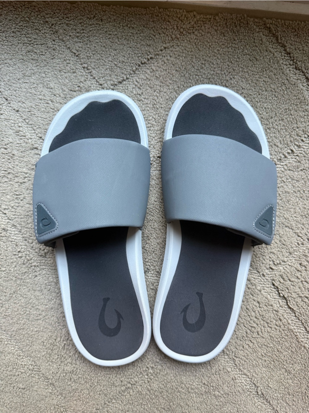 Olukai Gray Slide Sandals with Black Footbed